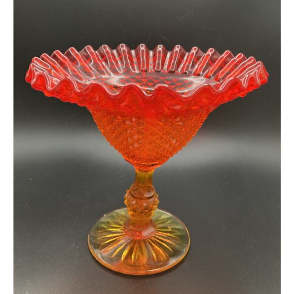 Fenton? Amberina Red / Orange Art Glass Ruffle-Edge Pedestal Bowl - Ornate Dish - Picture 6 of 12